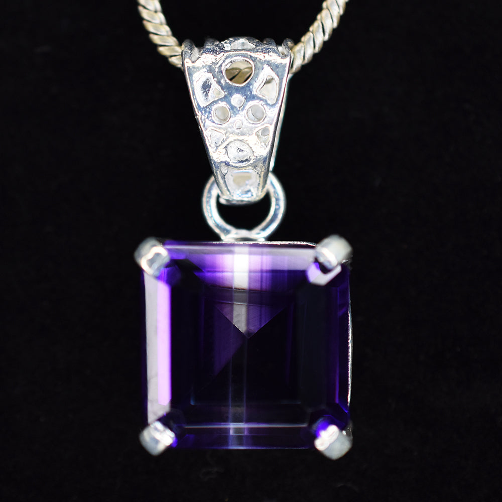 Natural Purple Amethyst 24.9 Ct CERTIFIED Square 925 Sterling Silver Gem Pendant