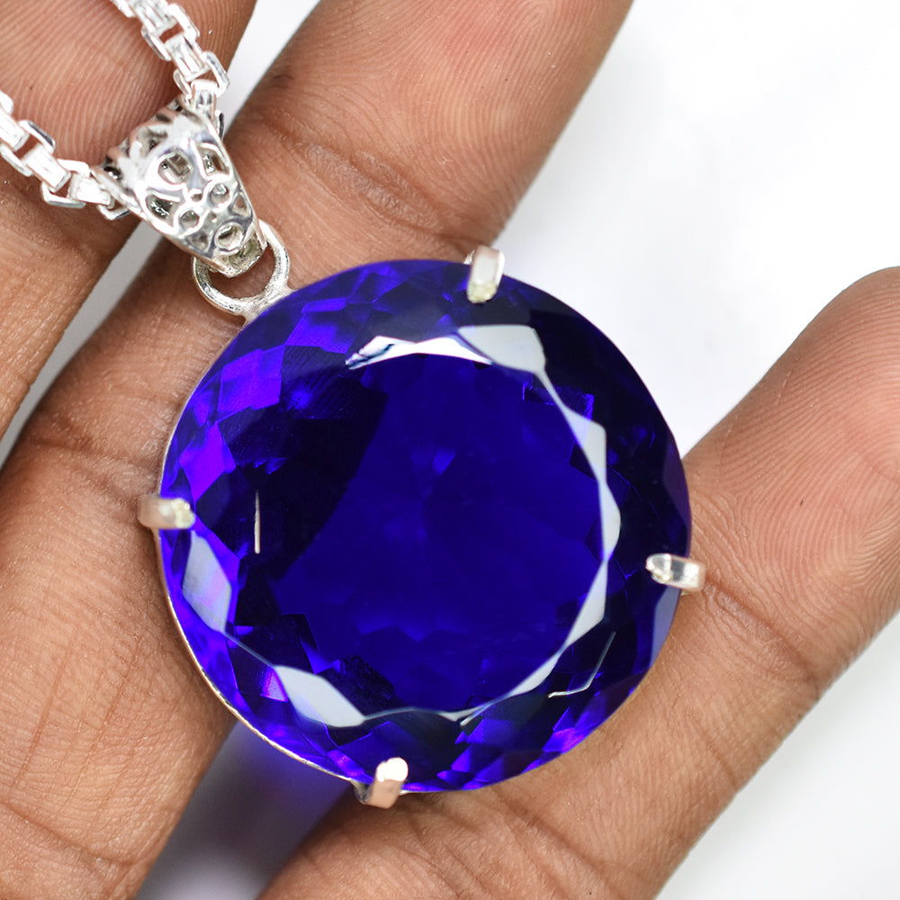 A Grade 113.55 Ct CERTIFIED Blue Topaz 925 Sterling Silver Unique Round Pendant