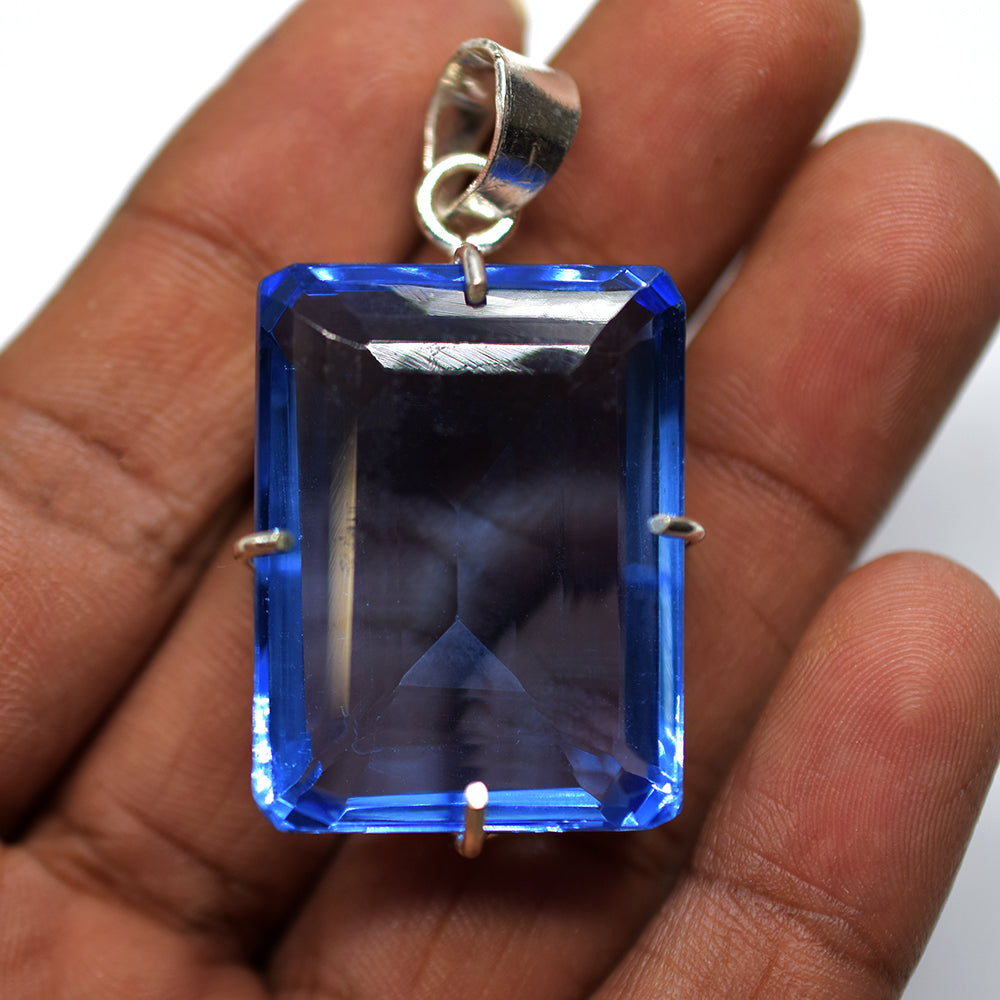 Certified 925 Sterling Silver Natural Pendant Topaz Emerald 100 Ct Blue Gemstone