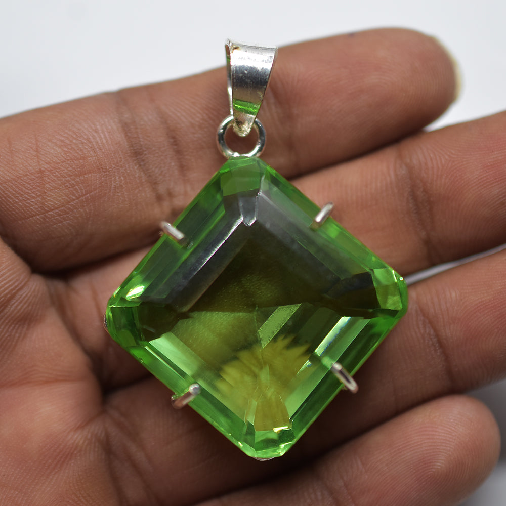 Green Topaz Pendant Square 127 Ct 925 Sterling Silver Gems CERTIFIED Natural