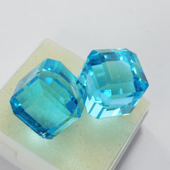 Cube Cut Blue Topaz Loose Gemstone 102.40 Ct Lab-Created CERTIFIED Pair | Free Shipping & Gift | Best Price