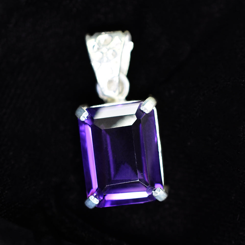 Certified 28 Ct Natural Purple Sapphire Pendant Emerald Design in 925 Sterling Silver | Handmade Wedding Gift Jewelry For Her