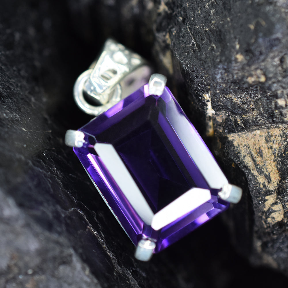 Certified 28 Ct Natural Purple Sapphire Pendant Emerald Design in 925 Sterling Silver | Handmade Wedding Gift Jewelry For Her