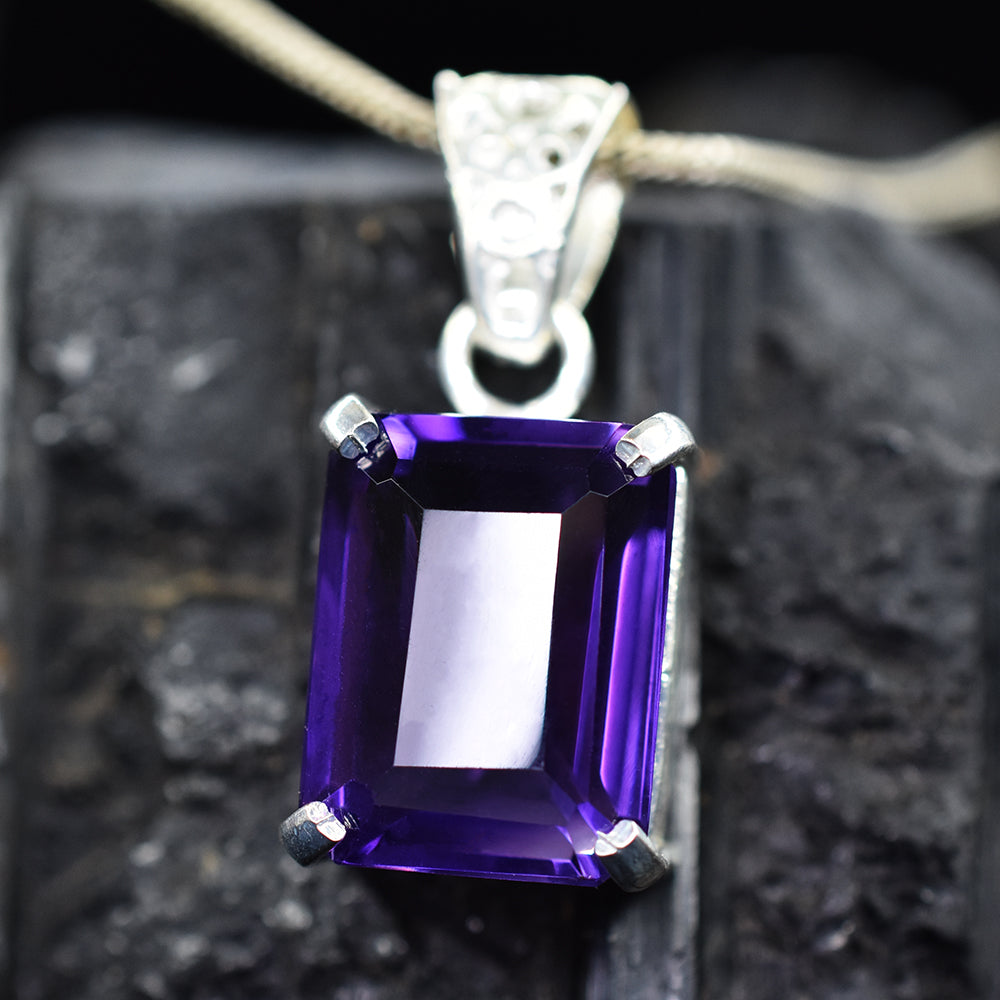 Certified 28 Ct Natural Purple Sapphire Pendant Emerald Design in 925 Sterling Silver | Handmade Wedding Gift Jewelry For Her
