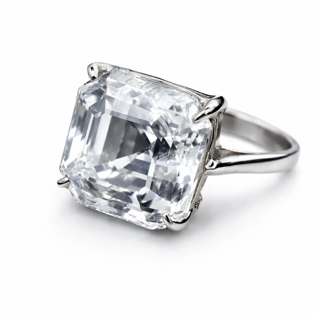 Diamond ring with a large, clear gemstone on a white background