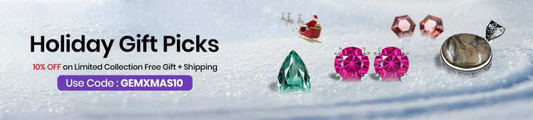 Promotional banner for holiday gift picks with gemstone jewelry and a discount code.