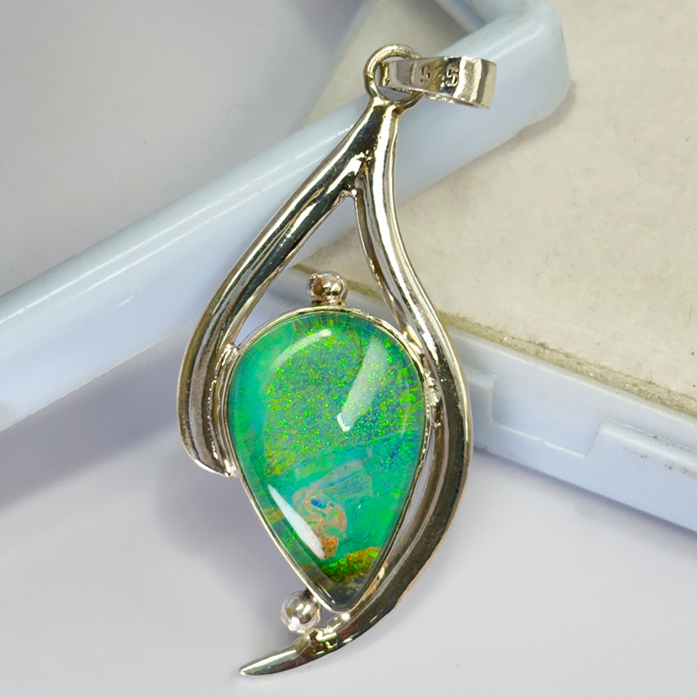 925 Sterling Silver CERTIFIED 39 Ct Natural Opal Pear Pendant For Birthday Gift