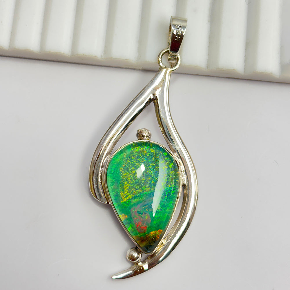 925 Sterling Silver CERTIFIED 39 Ct Natural Opal Pear Pendant For Birthday Gift