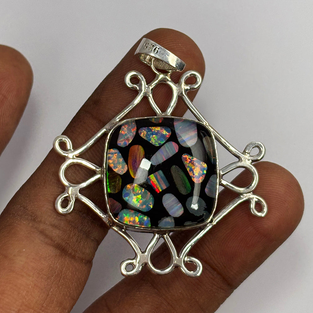 A+ CERTIFIED 46 Ct Square Cushion 925 Starling Silver Natural Opal Stone Pendant