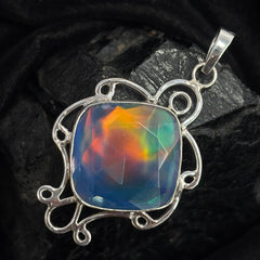 Natural 43 Ct CERTIFIED Opal 925 Starling Silver Square Cushion Pendant Jewelry