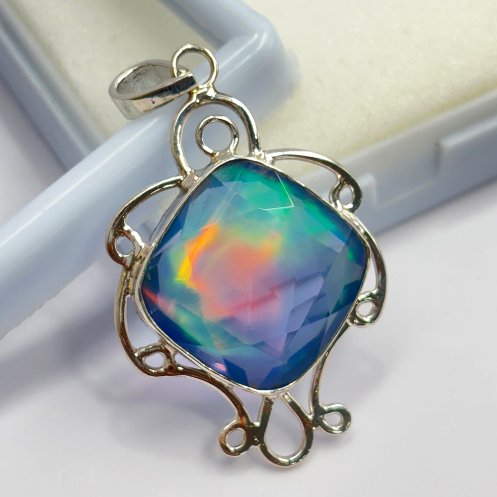 Natural 43 Ct CERTIFIED Opal 925 Starling Silver Square Cushion Pendant Jewelry