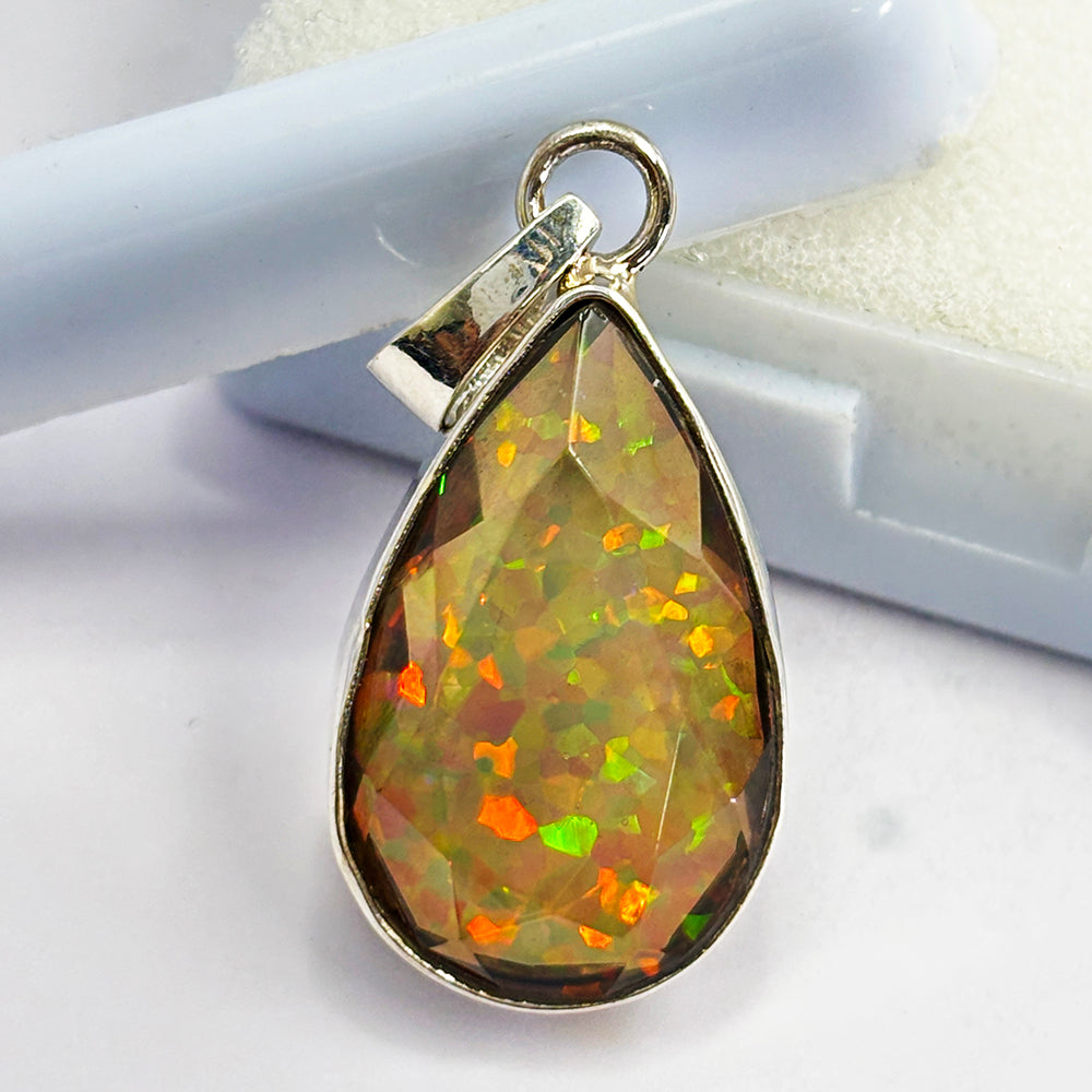 CERTIFIED Natural Fire Opal 24 Ct 925 Sterling Silver Pendant Pear Gems For Gift