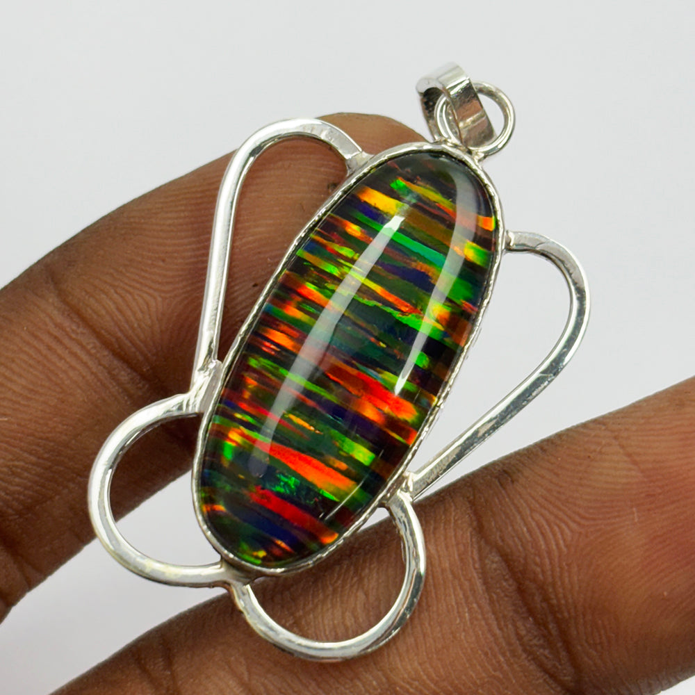 CERTIFIED Natural Opal Multicolor 30 Ct Oval Gems 925 Sterling Silver Pendant