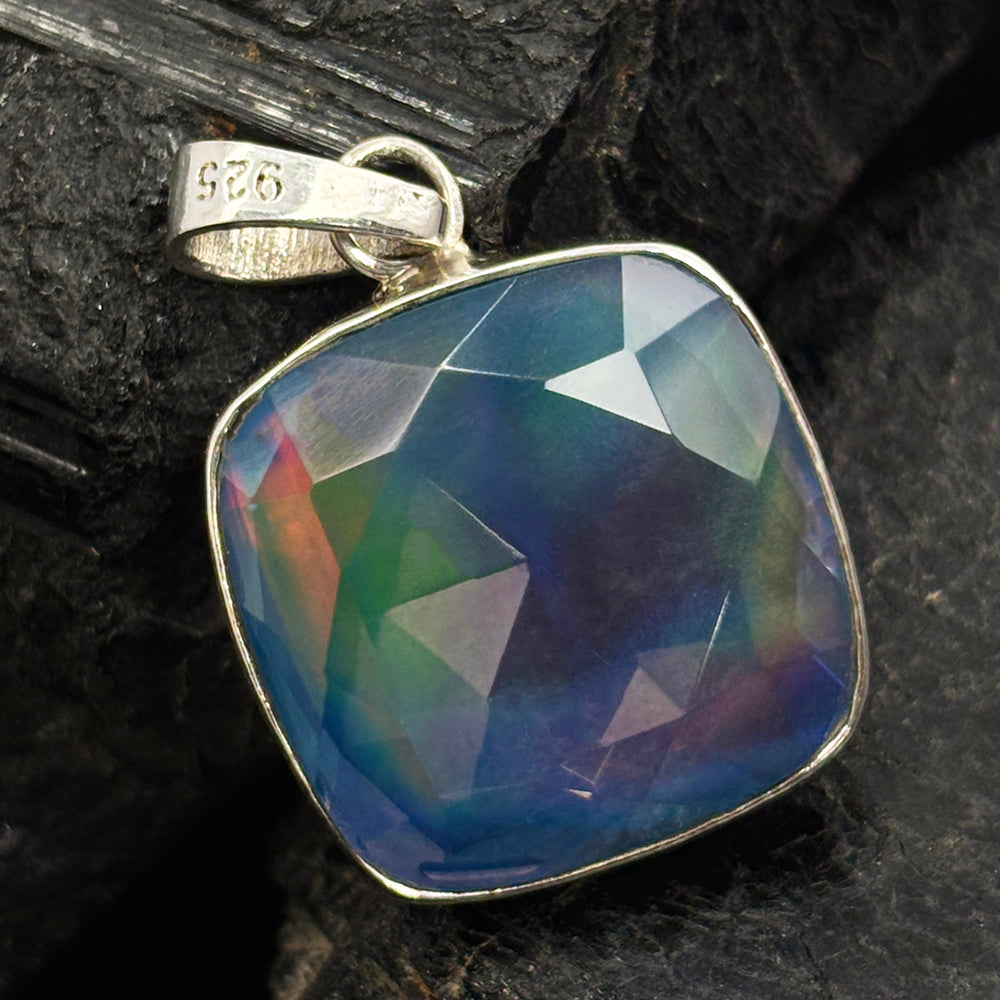 A+ CERTIFIED Natural Ammolite 33 Ct Square Cushion 925 Sterling Silver Pendant