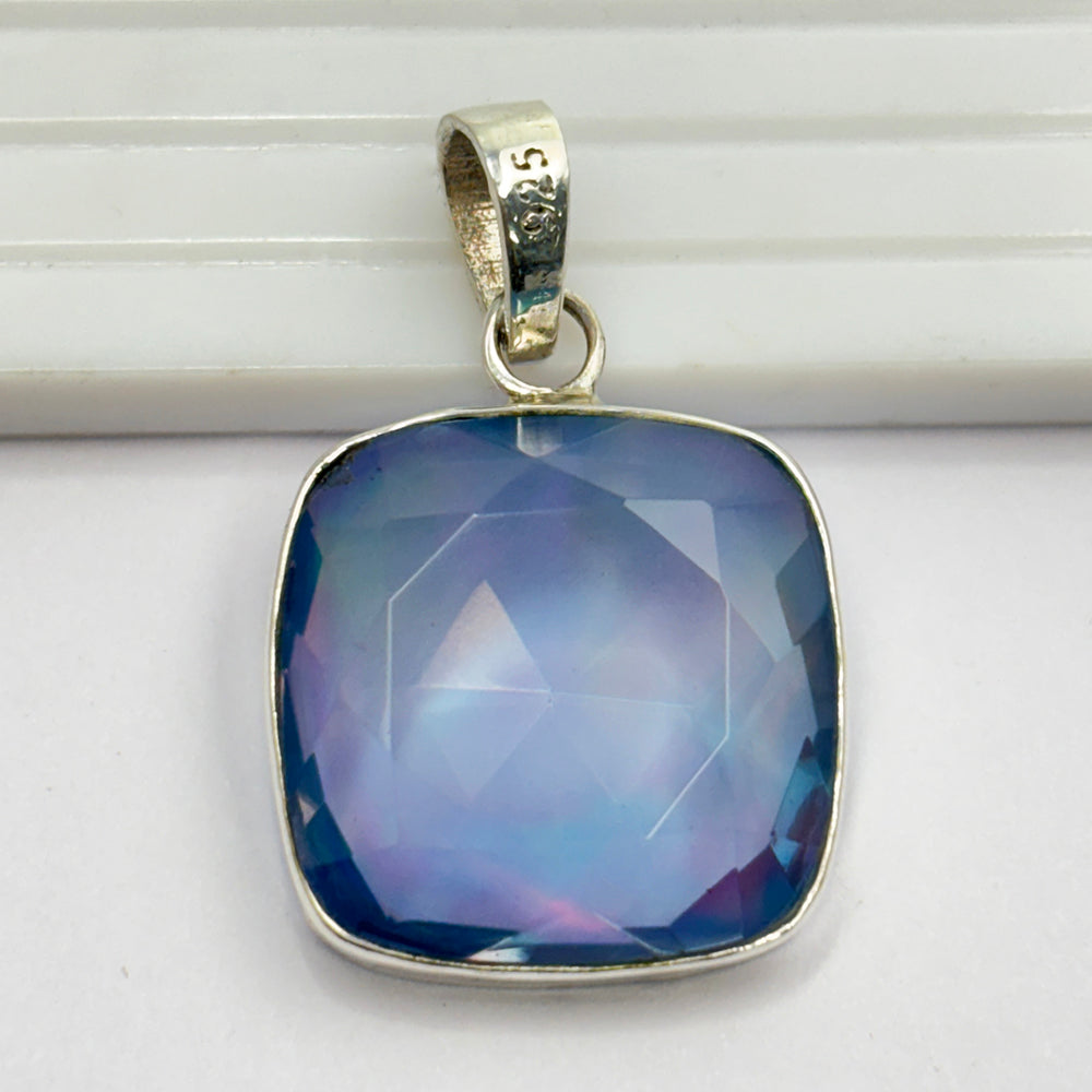 A+ CERTIFIED Natural Ammolite 33 Ct Square Cushion 925 Sterling Silver Pendant