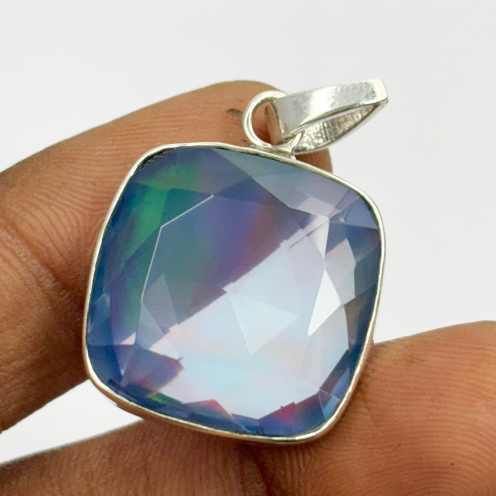 A+ CERTIFIED Natural Ammolite 33 Ct Square Cushion 925 Sterling Silver Pendant