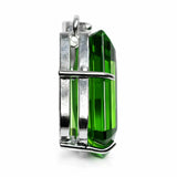 Green gemstone earring with silver setting on a white background