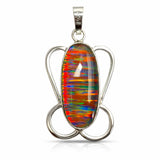 Multicolored opal pendant in a silver setting on a white background