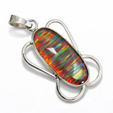 Multicolored opal pendant in a silver setting on a white background