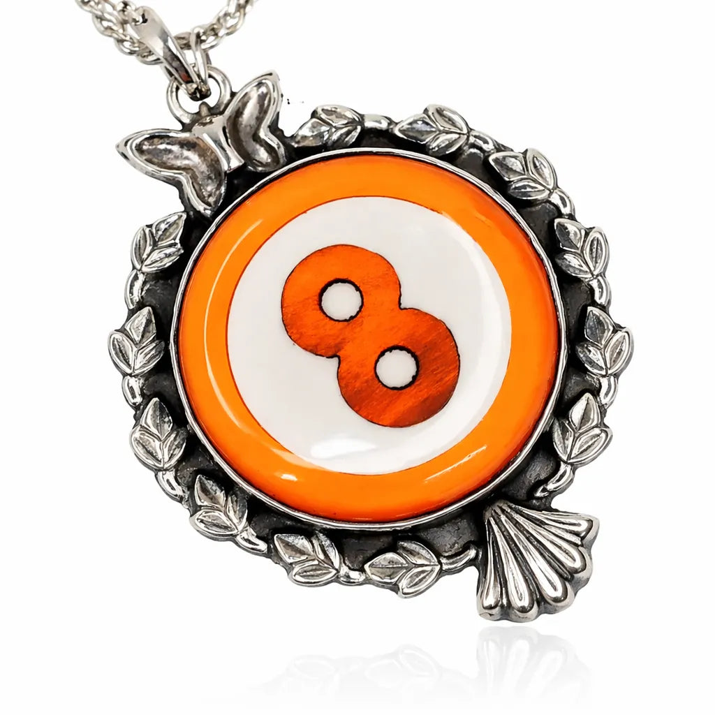Necklace with a pendant featuring the number 8 on an orange and white background