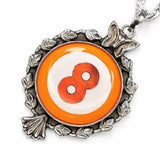 Pendant with orange and white design on a silver chain against a white background