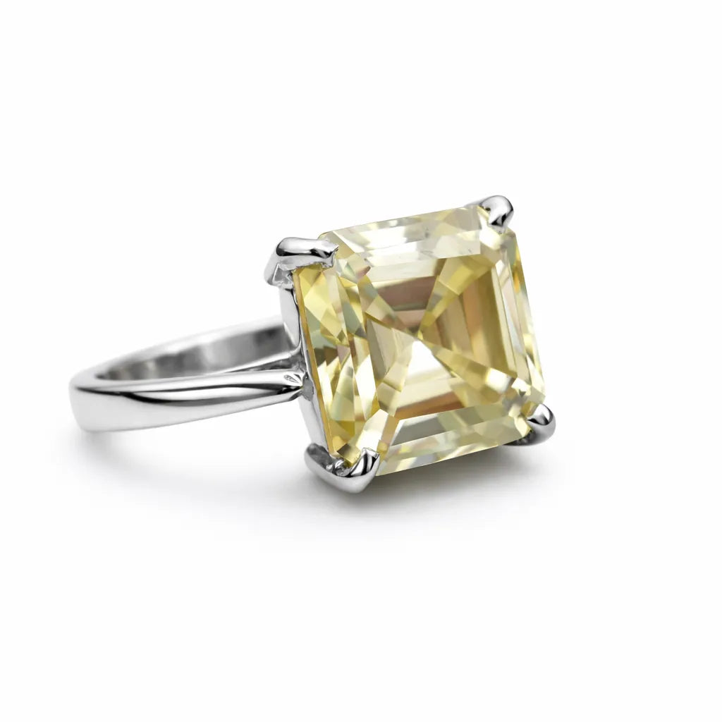 Ring with a large yellow gemstone on a white background