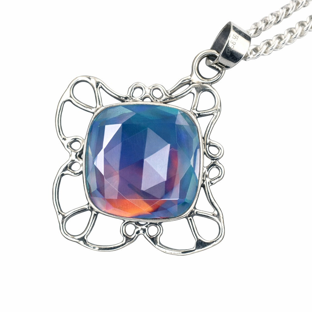 Necklace with a colorful gemstone pendant on a white background