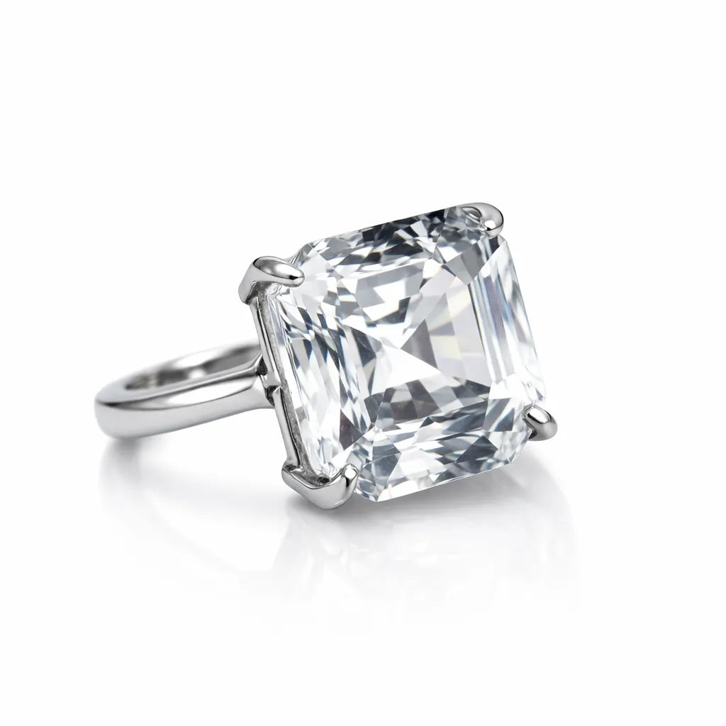Ring with a large diamond on a white background