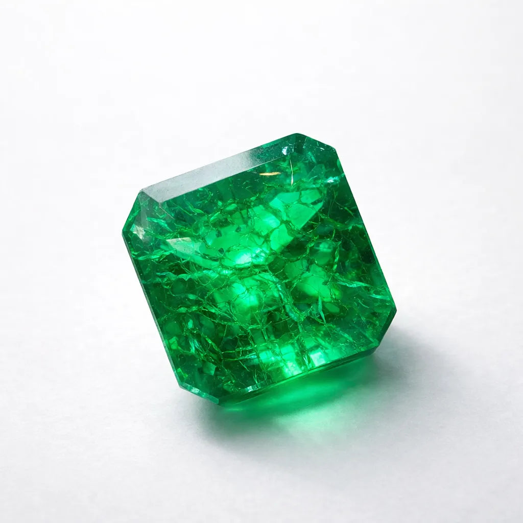 Certified Natural Emerald Loose Gemstone Faceted green gemstone on a white background