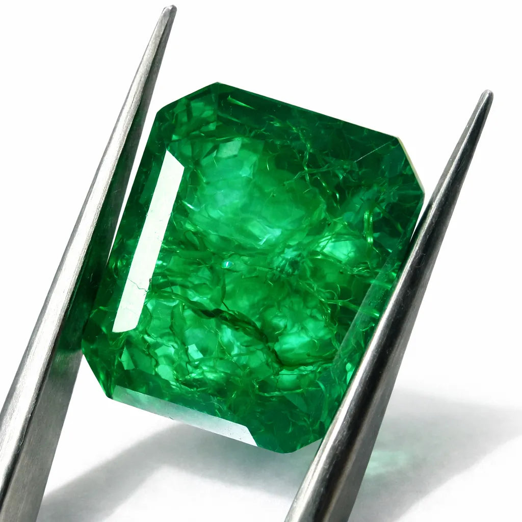 Certified Natural Emerald Loose Gemstone Green gemstone held between tweezers on a white background
