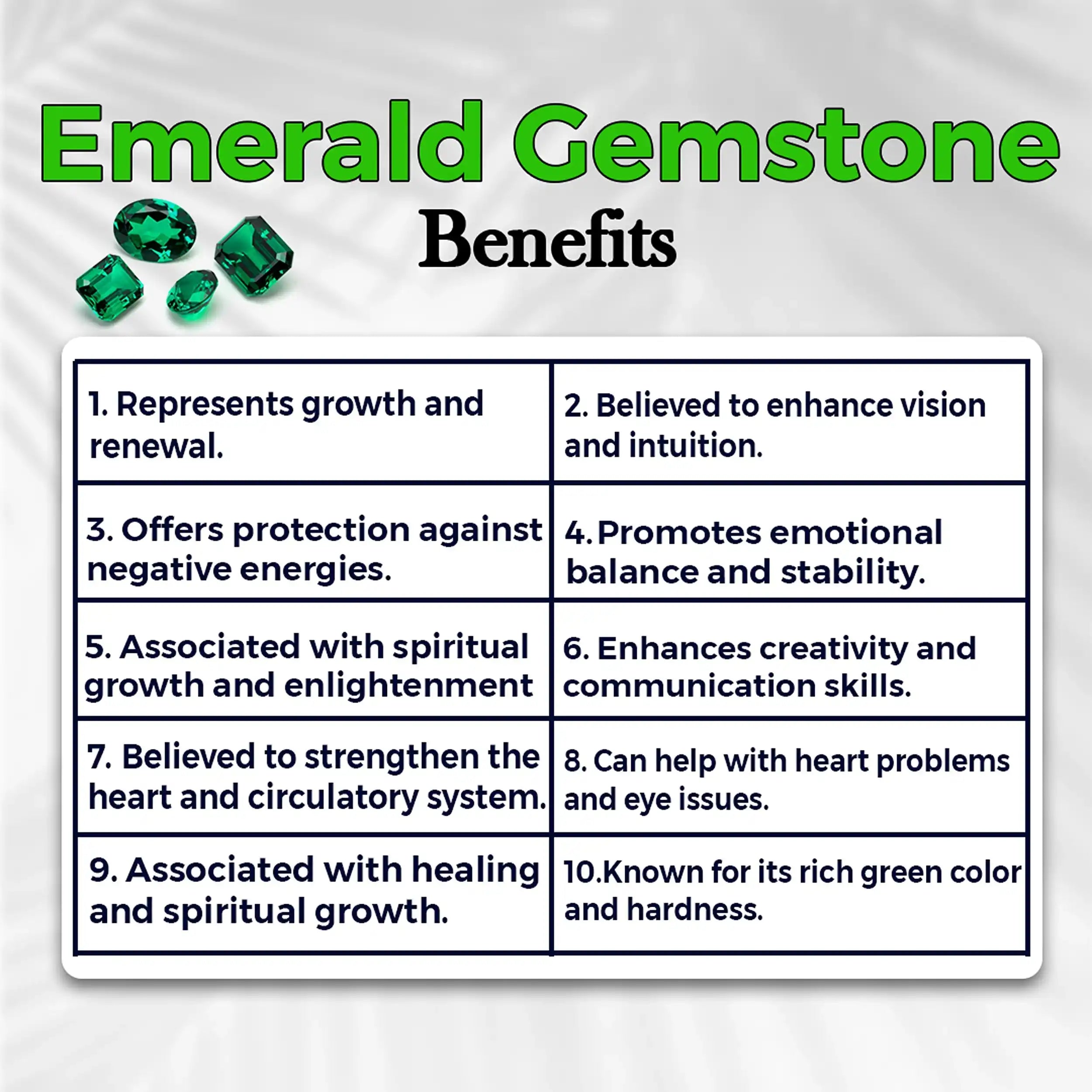 List of emerald gemstone benefits with green text and emerald stones on a white background