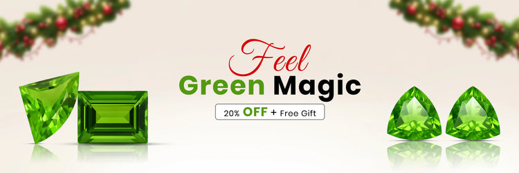 Promotional banner with green gemstones and 'Feel Green Magic' text on a beige background.