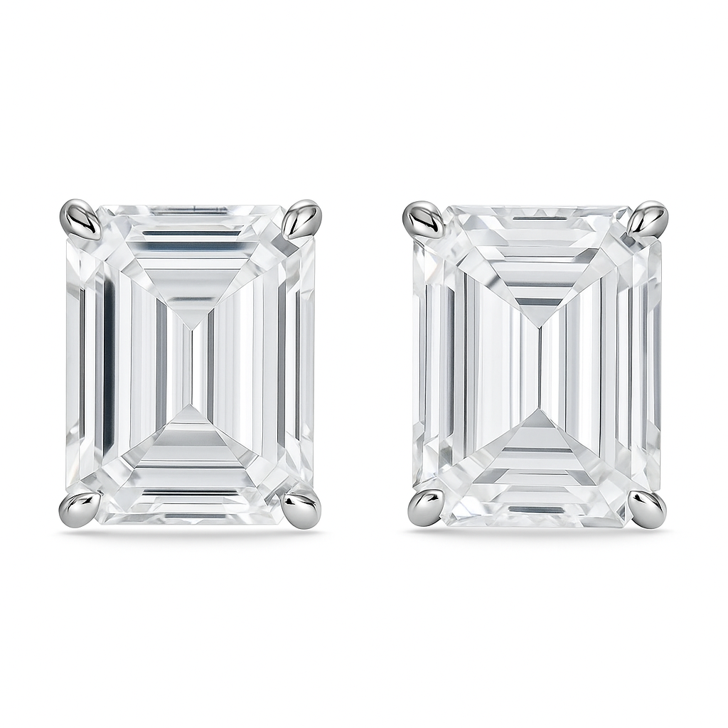 Flawless Emerald Cut 17.15 Ct Synthetic White Moissanite Earring Pair Free Gift
