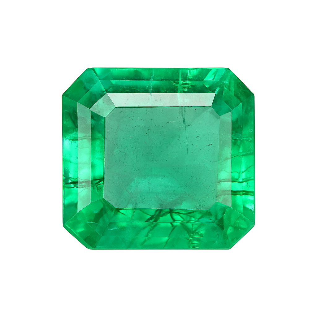 Faceted green gemstone on a white background