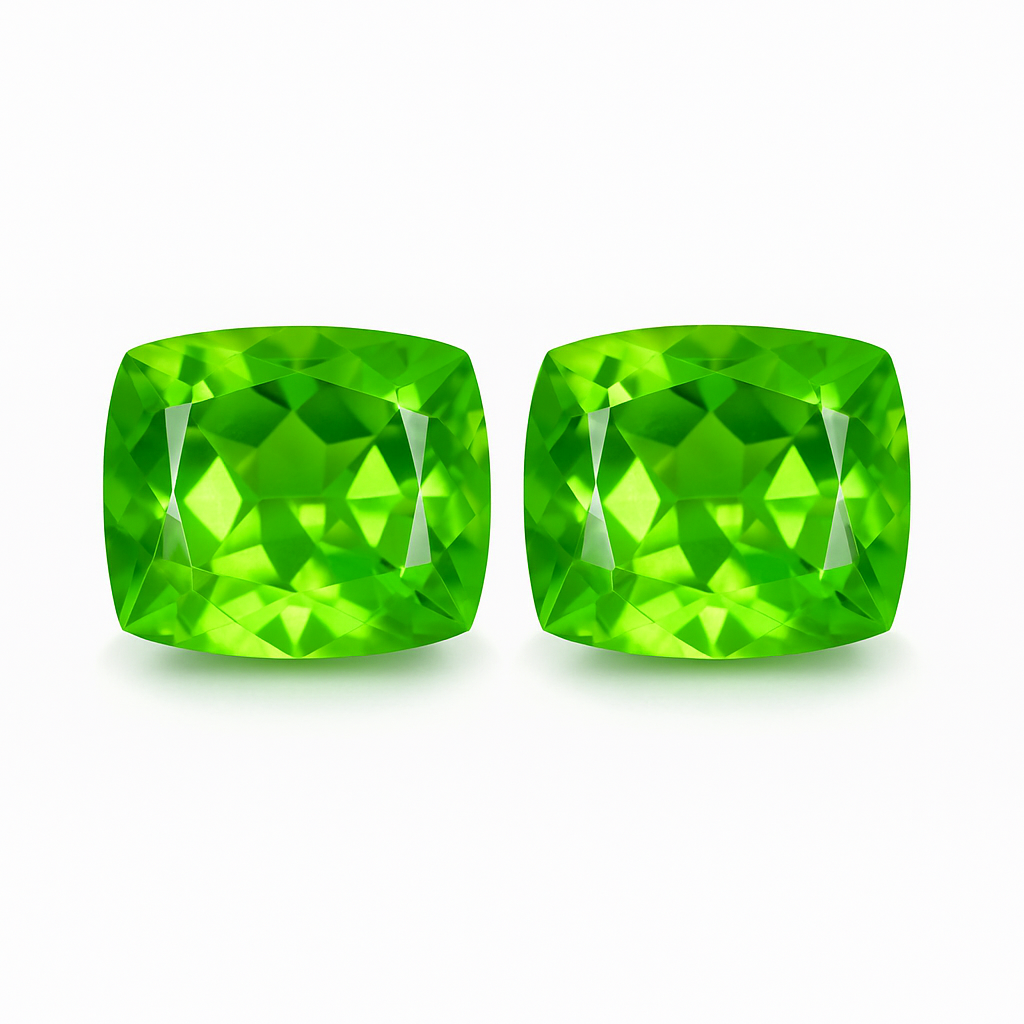16.15 Ct Natural CERTIFIED Green Peridot Square Cushion Cut Loose Gemstone Pair
