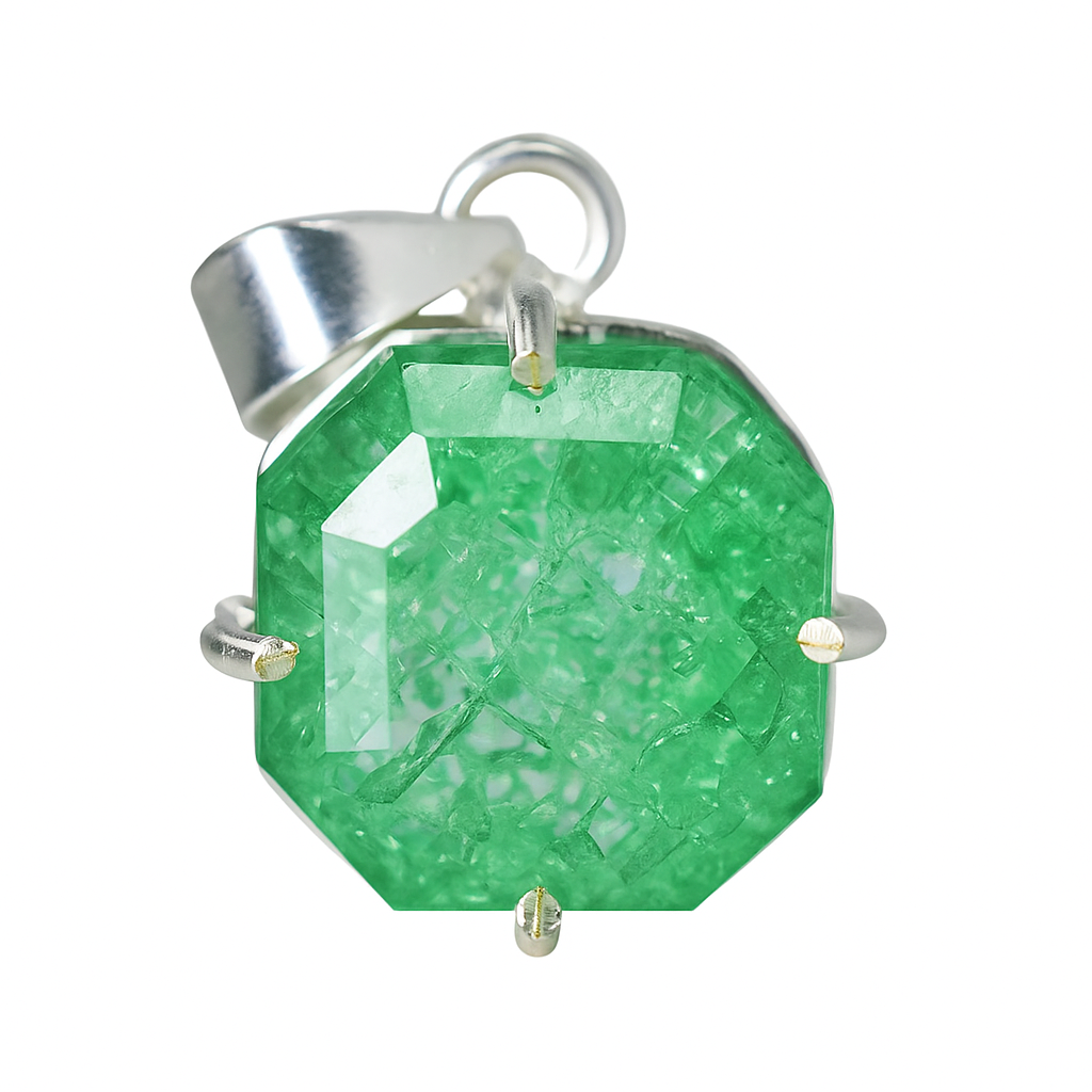 Zambian CERTIFIED 44 Ct Natural Green Emerald 925 Starling Silver Square Pendant