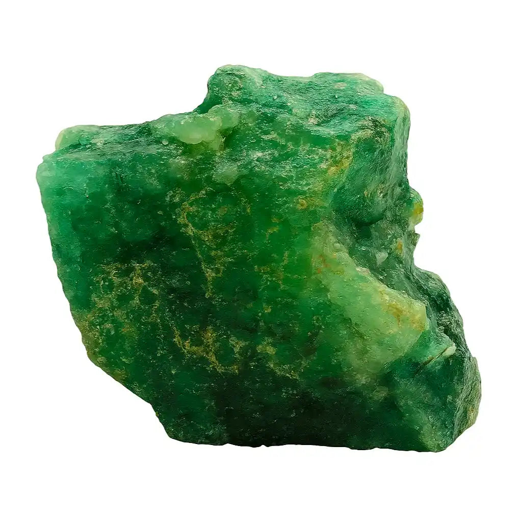 Natural rough gemstone crystal in deep green color with raw, unpolished texture on white surface.