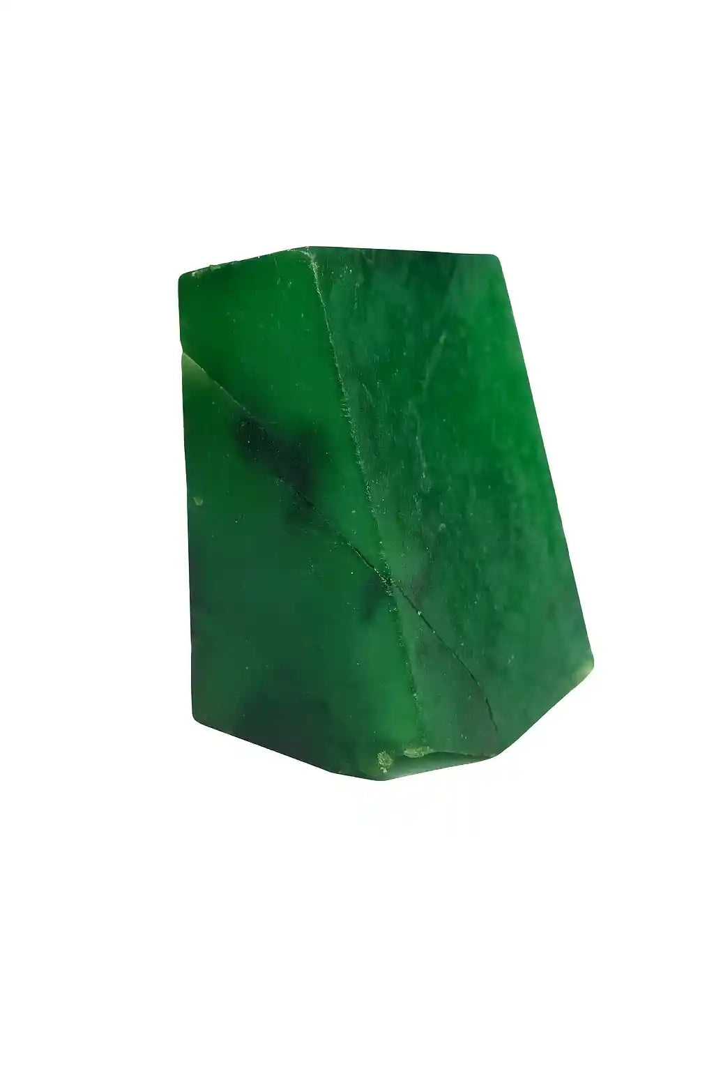 “Rectangular green crystal specimen photographed close-up against white backdrop.”